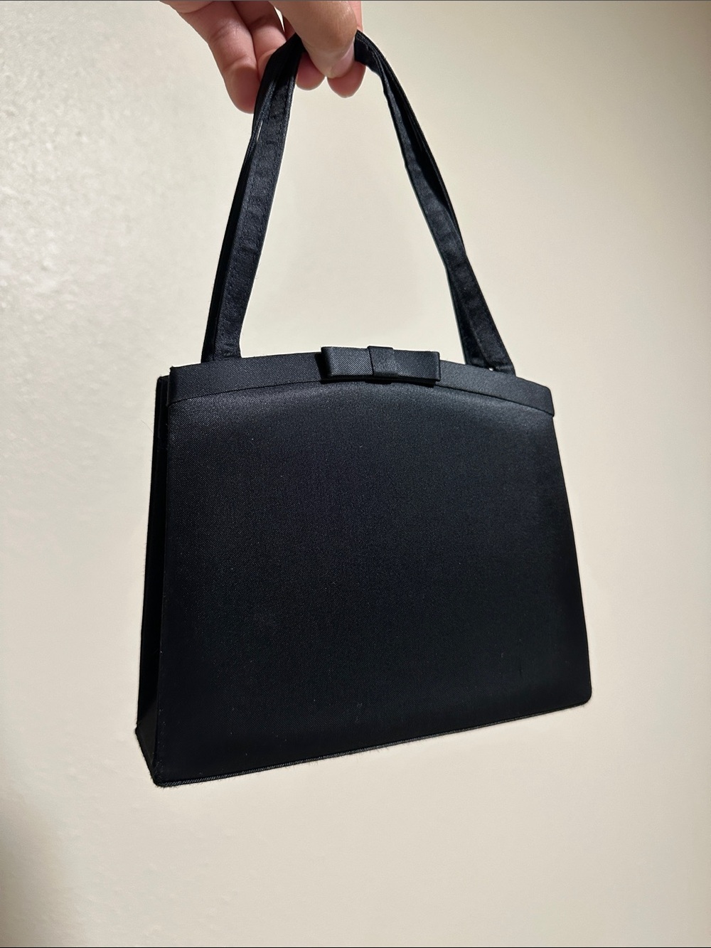 Vintage Y2K Valerie Stevens Black Satin Evening Handbag with Bow Accent